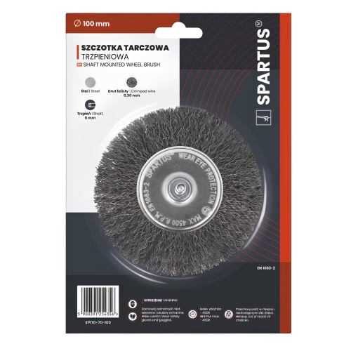Szczotka druciana tarczowa fi 100mm trzpieniowa, drut stalowy falisty 0,3mm, trzpień 6mm
