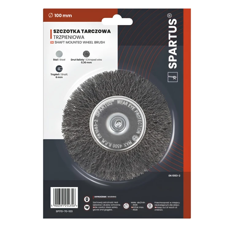 Szczotka druciana tarczowa fi 100mm trzpieniowa, drut stalowy falisty 0,3mm, trzpień 6mm