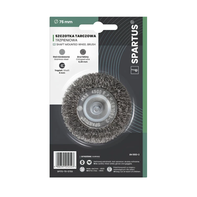 Szczotka druciana tarczowa fi 75mm trzpieniowa, drut nierdzewny falisty 0,3mm, trzpień 6mm