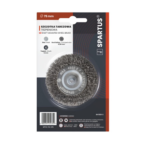 Szczotka tarczowa fi 75mm trzpieniowa, drut stalowy falisty 0,3mm, trzpień 6mm