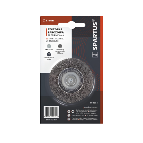 Szczotka druciana tarczowa fi 63mm trzpieniowa, drut stalowy falisty 0,3mm, trzpień 6mm