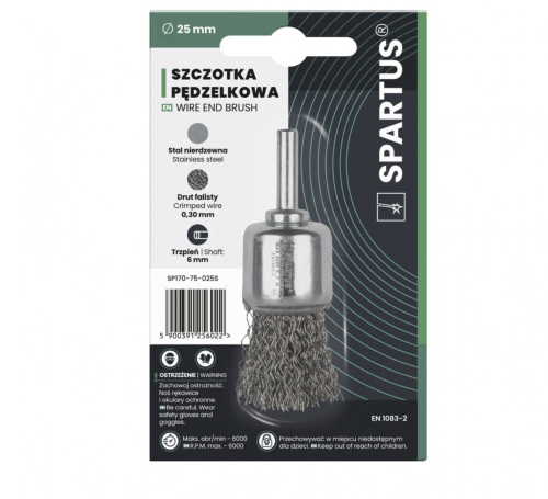 Szczotka pędzelkowa fi 25mm, drut nierdzewny falisty 0,3mm, trzpień 6mm
