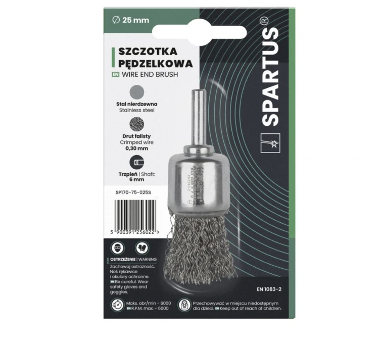 Szczotka pędzelkowa fi 25mm, drut nierdzewny falisty 0,3mm, trzpień 6mm