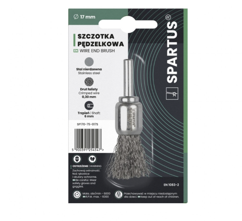 Szczotka pędzelkowa fi 17mm, drut nierdzewny falisty 0,3mm, trzpień 6mm