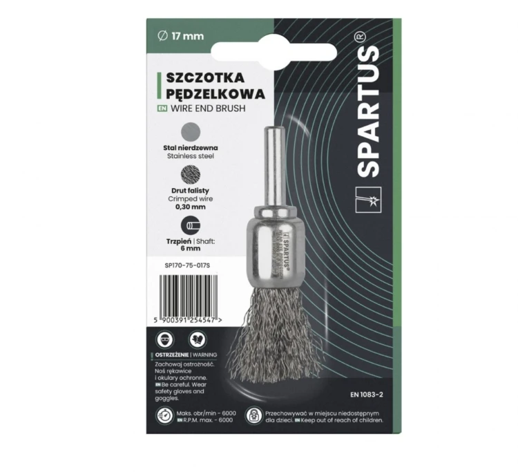 Szczotka pędzelkowa fi 17mm, drut nierdzewny falisty 0,3mm, trzpień 6mm