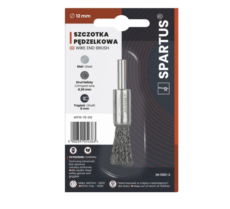Szczotka pędzelkowa fi 12mm, drut stalowy falisty 0,3mm, trzpień 6mm
