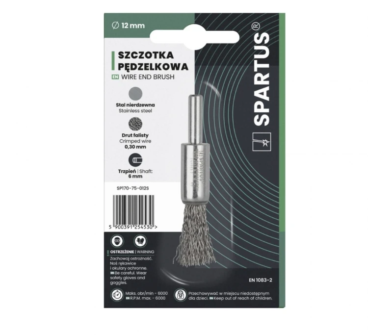 Szczotka p dzelkowa fi-12 drut nierdzewny falisty 0,30mm, trzpie 6mm