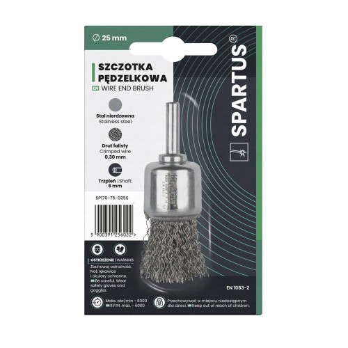 Szczotka pędzelkowa 25mm drut nierdzewny 0,3mm trzpień 6mm SPARTUS