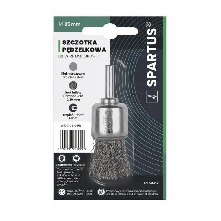 Szczotka pędzelkowa 25mm drut nierdzewny 0,3mm trzpień 6mm SPARTUS