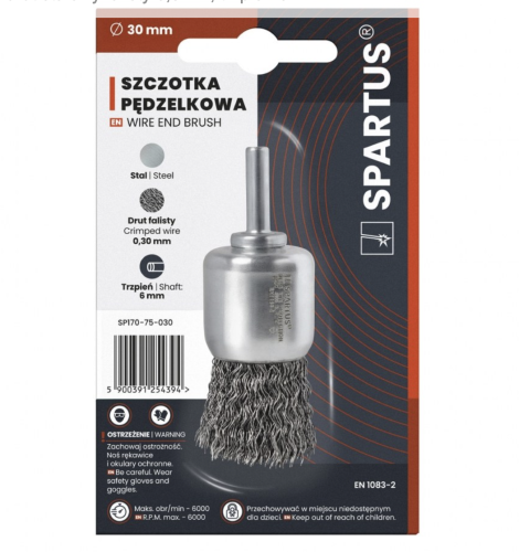Szczotka pędzelkowa fi 30mm, drut stalowy falisty 0,3mm, trzpień 6mm