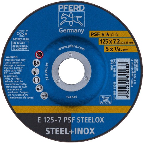 Ściernica tarczowa do zdzierania E 125 x 7,2 x 22,23 mm linia uniwersalna PSF STEELOX do stali/stali nierdzewnej